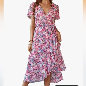 Chic Floral High-Low Dress in Pink and Red